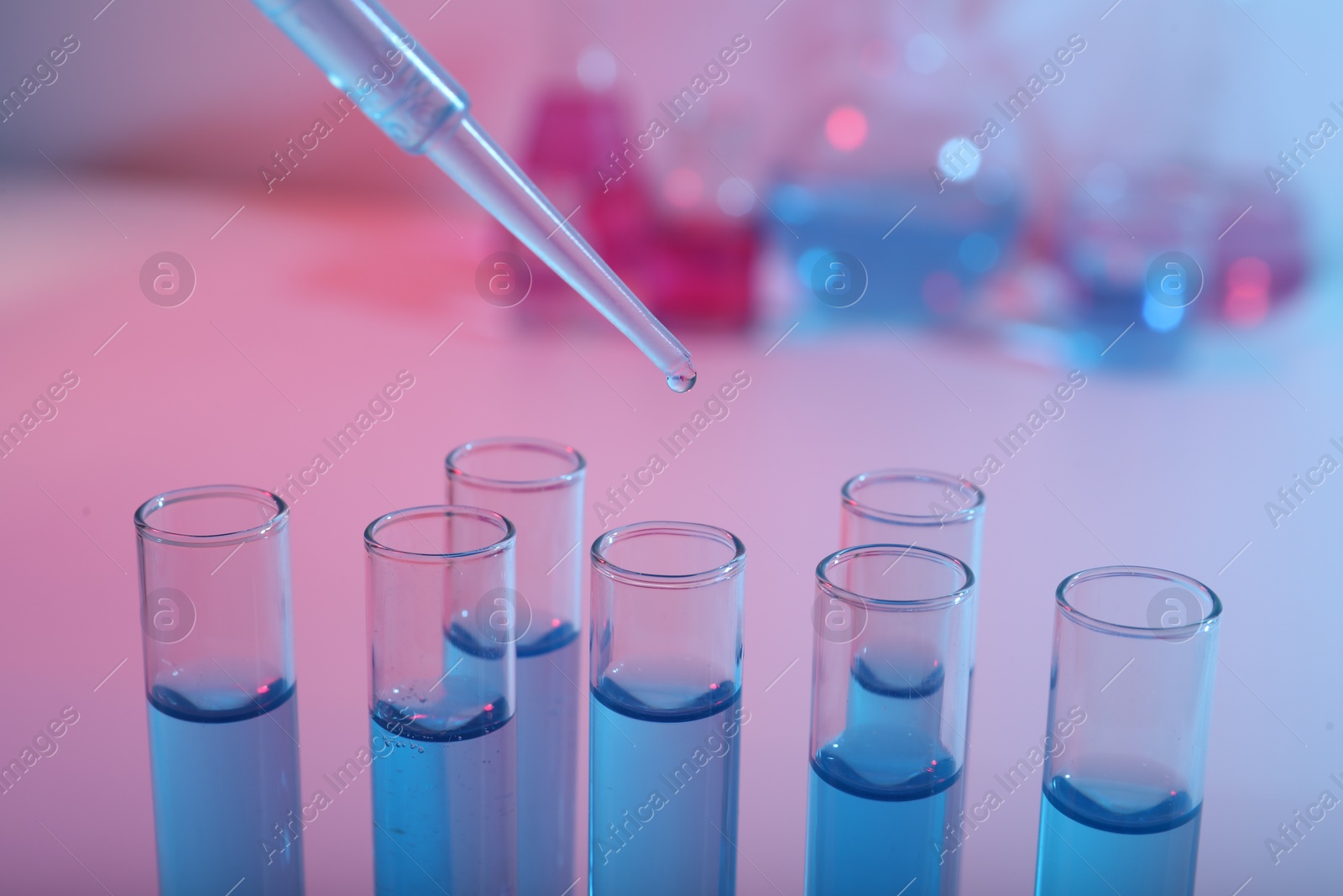 Photo of Dripping reagent into test tube with blue liquid, closeup. Laboratory analysis