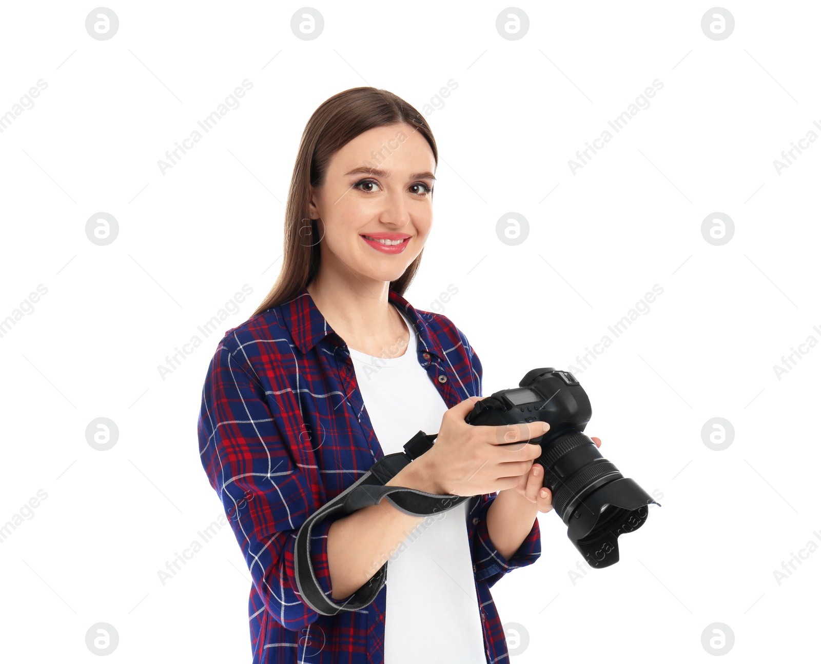 Photo of Professional photographer with modern camera on white background