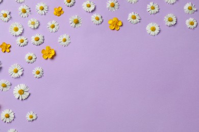 Photo of Many beautiful flowers on lilac background, flat lay. Space for text