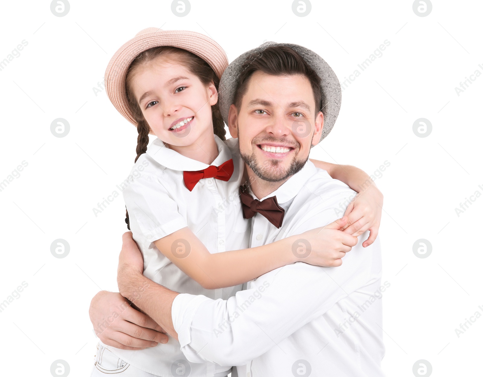 Photo of Dad and his daughter hugging on white background. Father's day celebration