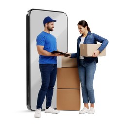 Image of Courier delivering parcels to woman near huge smartphone on white background