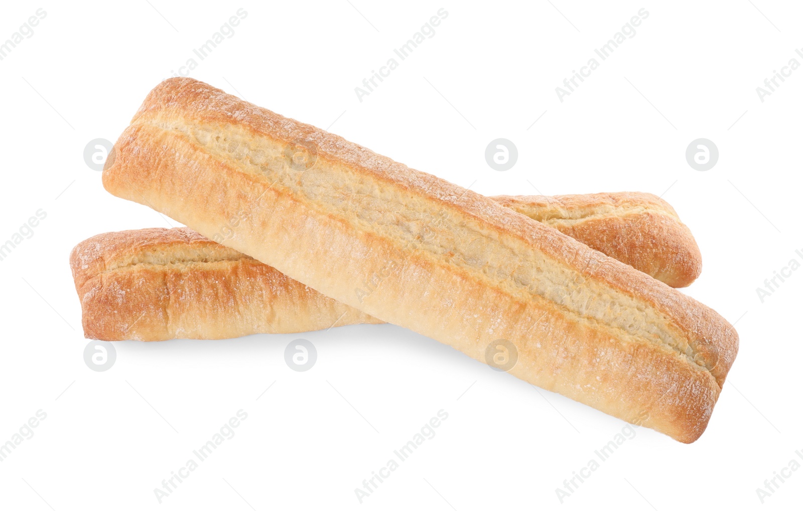 Photo of Tasty baguettes on white background. Fresh bread