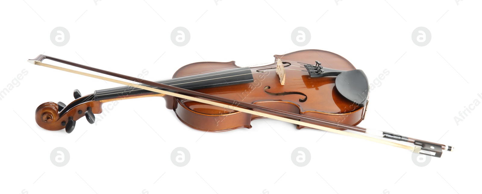 Photo of Beautiful classic violin and bow on white background. Musical instrument