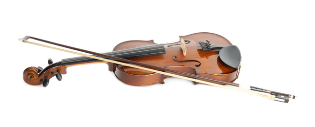 Beautiful classic violin and bow on white background. Musical instrument