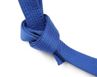 Photo of Blue karate belt isolated on white. Martial arts uniform