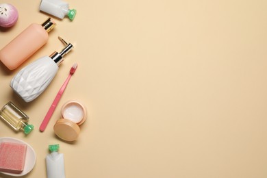 Photo of Bath accessories. Flat lay composition with personal care products on beige background, space for text