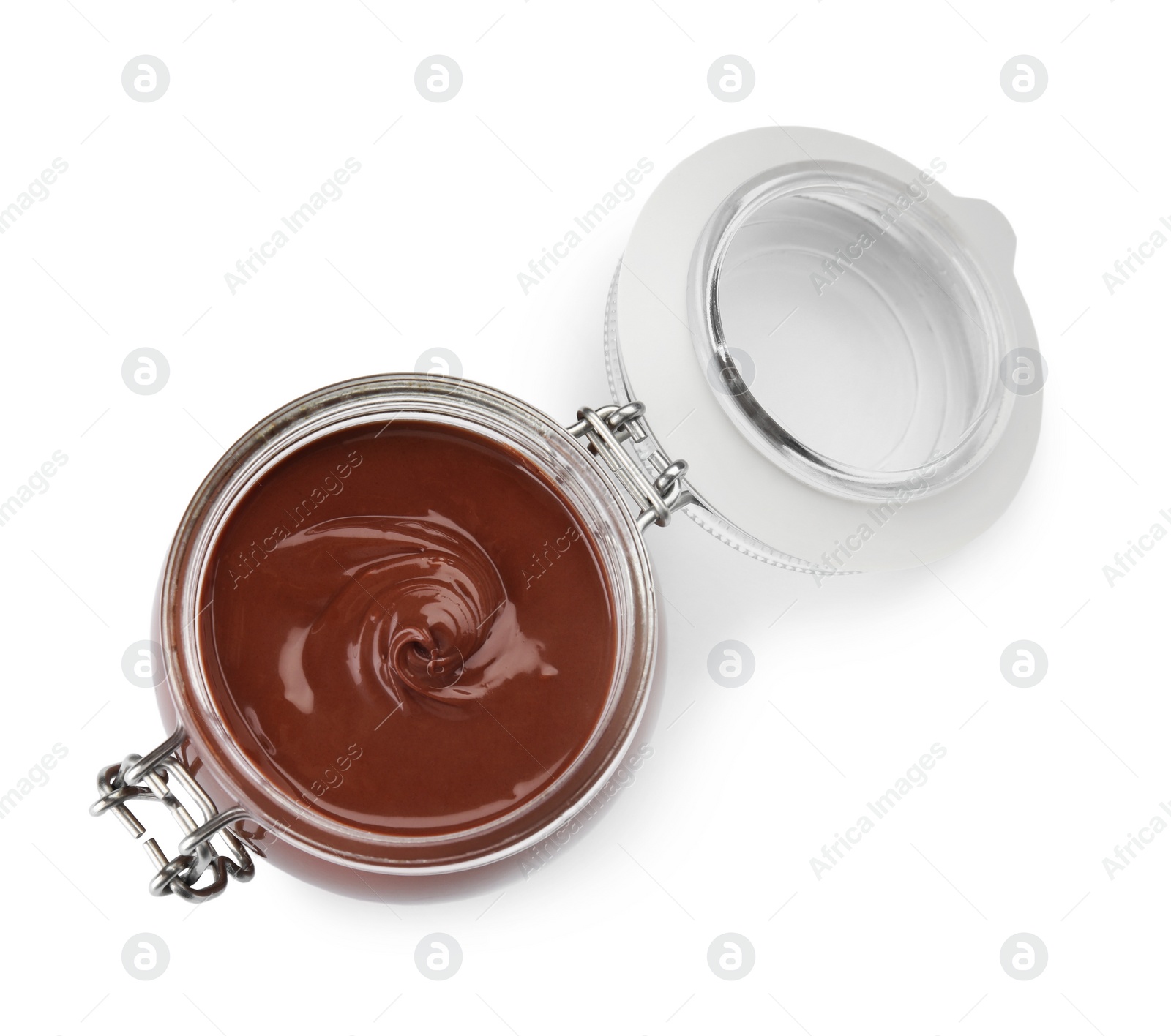 Photo of Glass jar with tasty chocolate cream isolated on white, top view