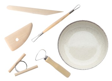 Image of Set of pottery tools and ceramic bowl on white background