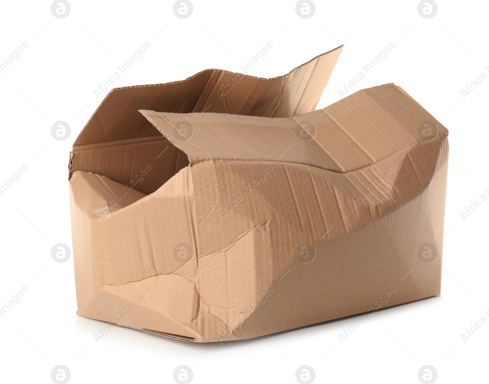 Photo of Crumpled brown cardboard box on white background. Recyclable material