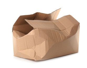 Photo of Crumpled brown cardboard box on white background. Recyclable material