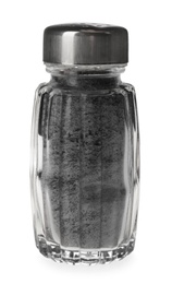 Photo of Ground black salt in shaker isolated on white