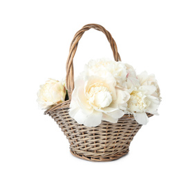 Photo of Beautiful peonies in wicker basket isolated on white