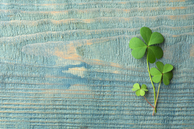 Clover leaves on blue wooden table, flat lay with space for text. St. Patrick's Day symbol