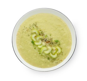 Bowl of delicious celery soup isolated on white, top view