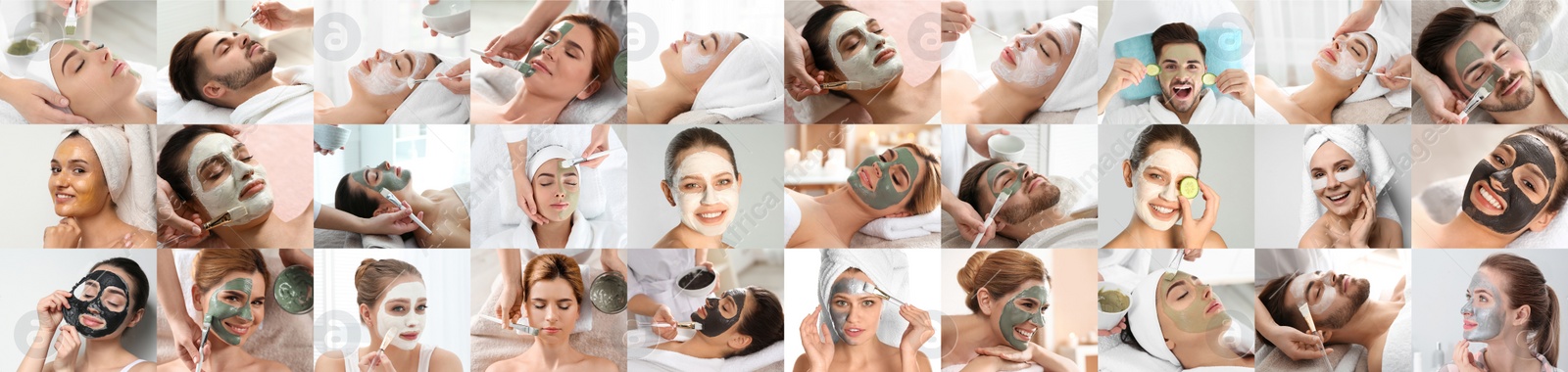 Image of Collage with photos of people with cleansing and moisturizing masks on faces. Banner design