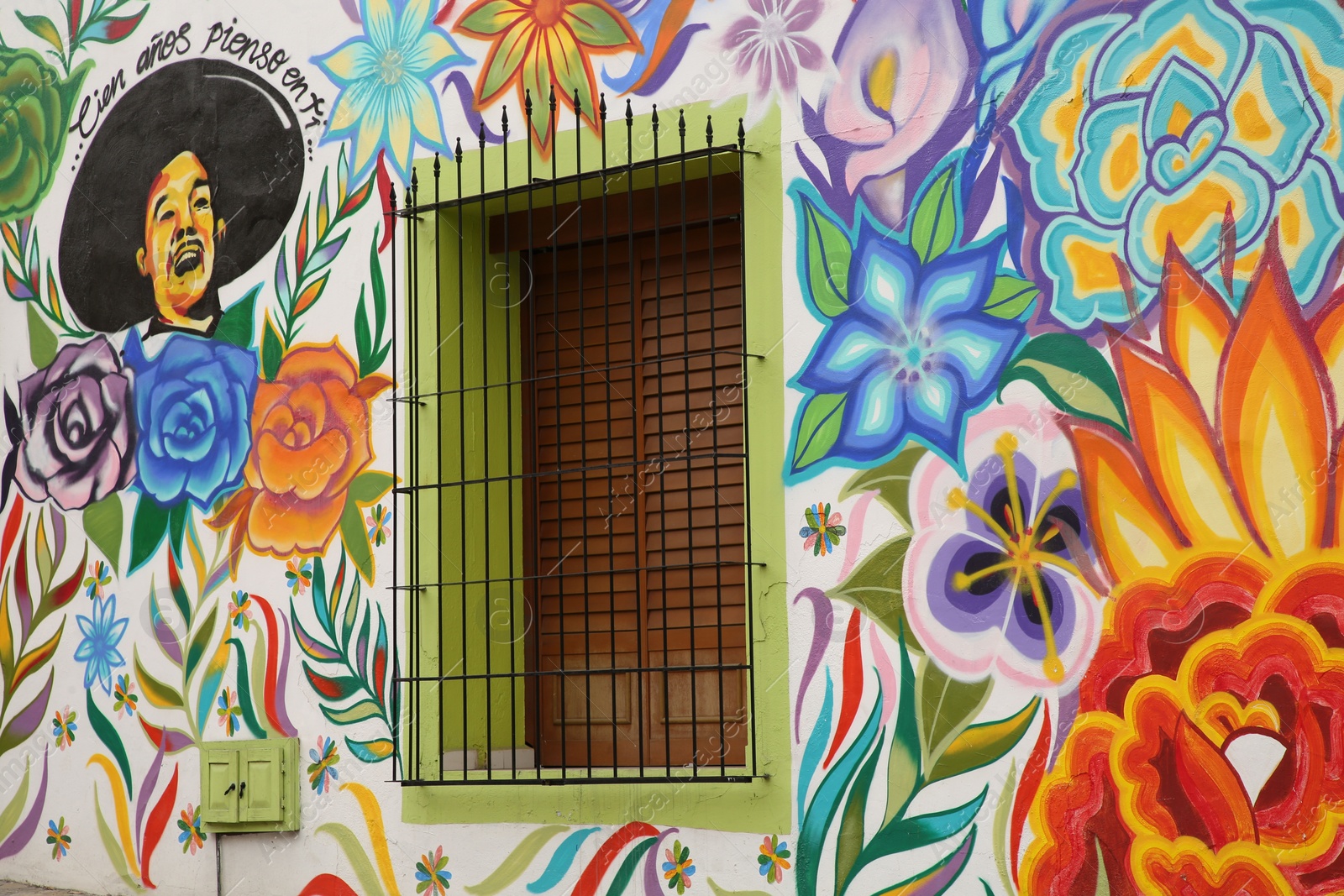 Photo of San Pedro Garza Garcia, Mexico – February 8, 2023: Building with beautiful traditional street art and window