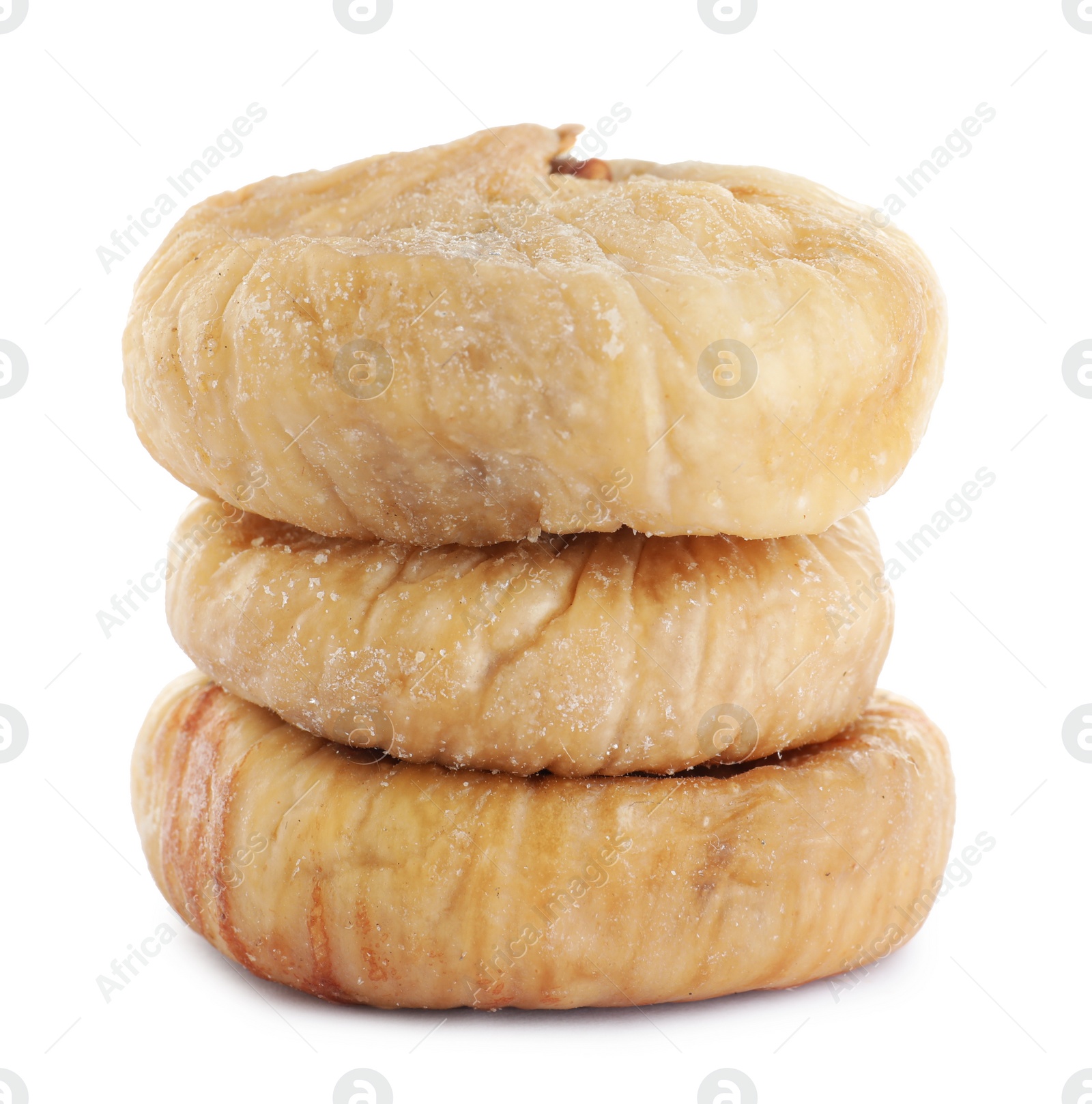 Photo of Stack of tasty dried figs isolated on white