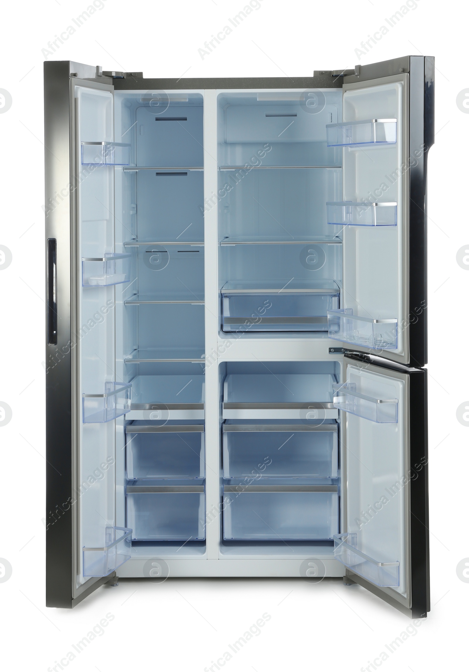 Photo of Modern stainless steel refrigerator isolated on white