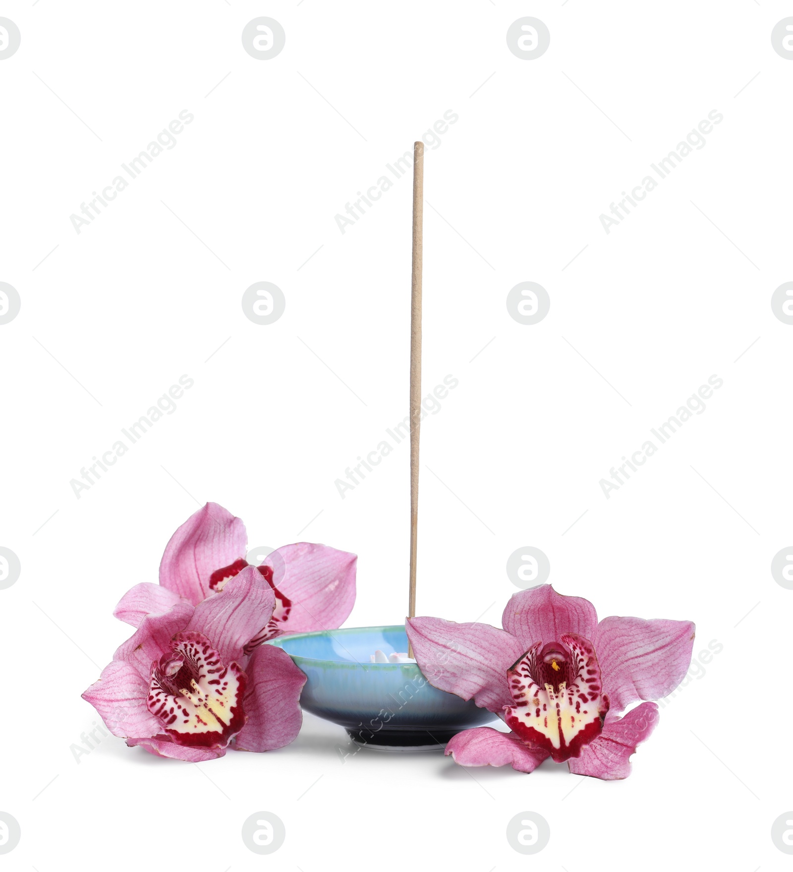 Photo of Aromatic incense stick and orchid flowers on white background