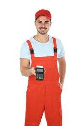 Male courier with terminal for contactless payment on white background