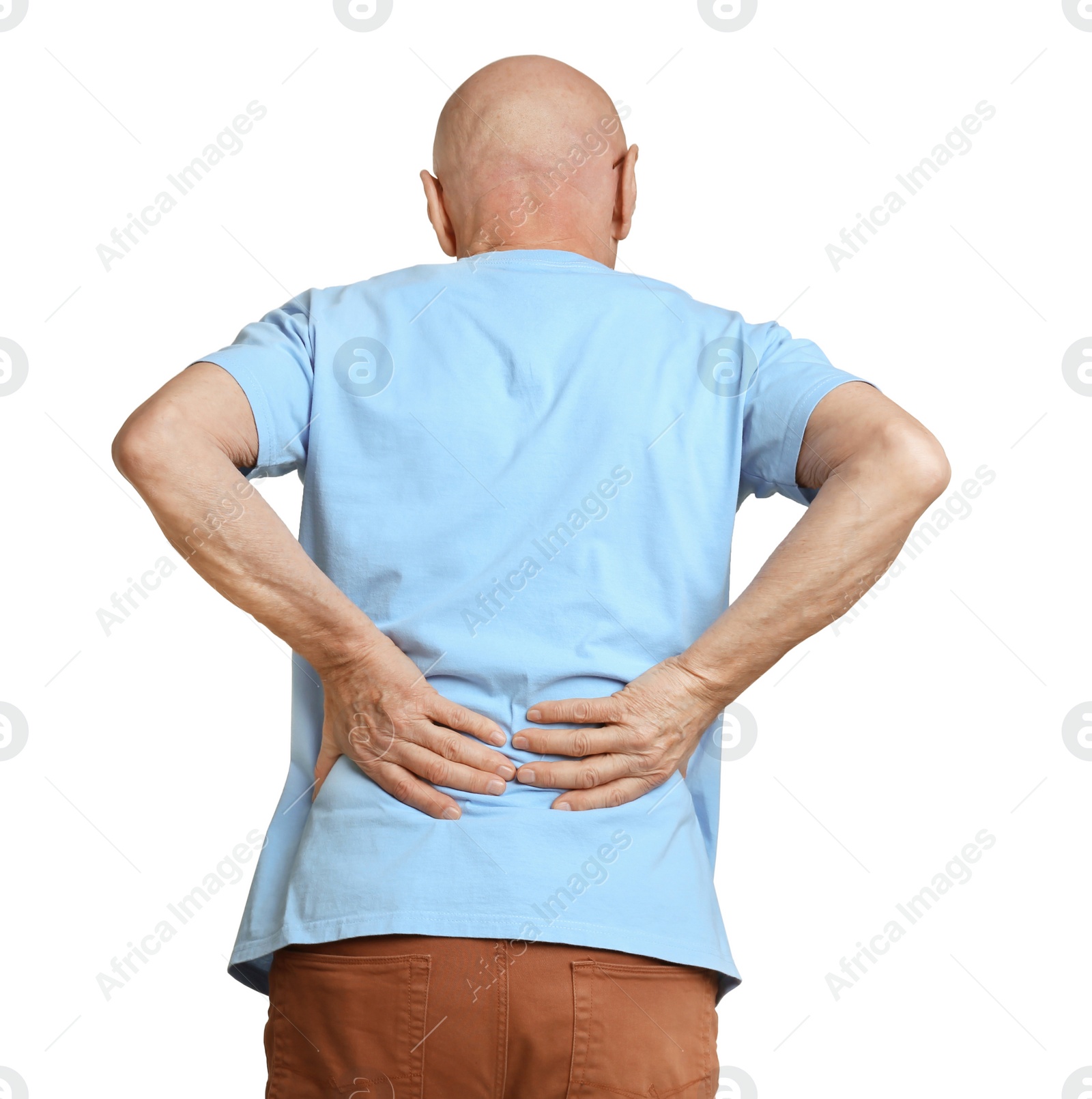 Photo of Man suffering from back pain on white background