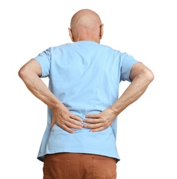 Photo of Man suffering from back pain on white background