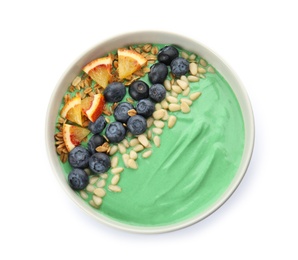 Bowl of spirulina smoothie isolated on white, top view