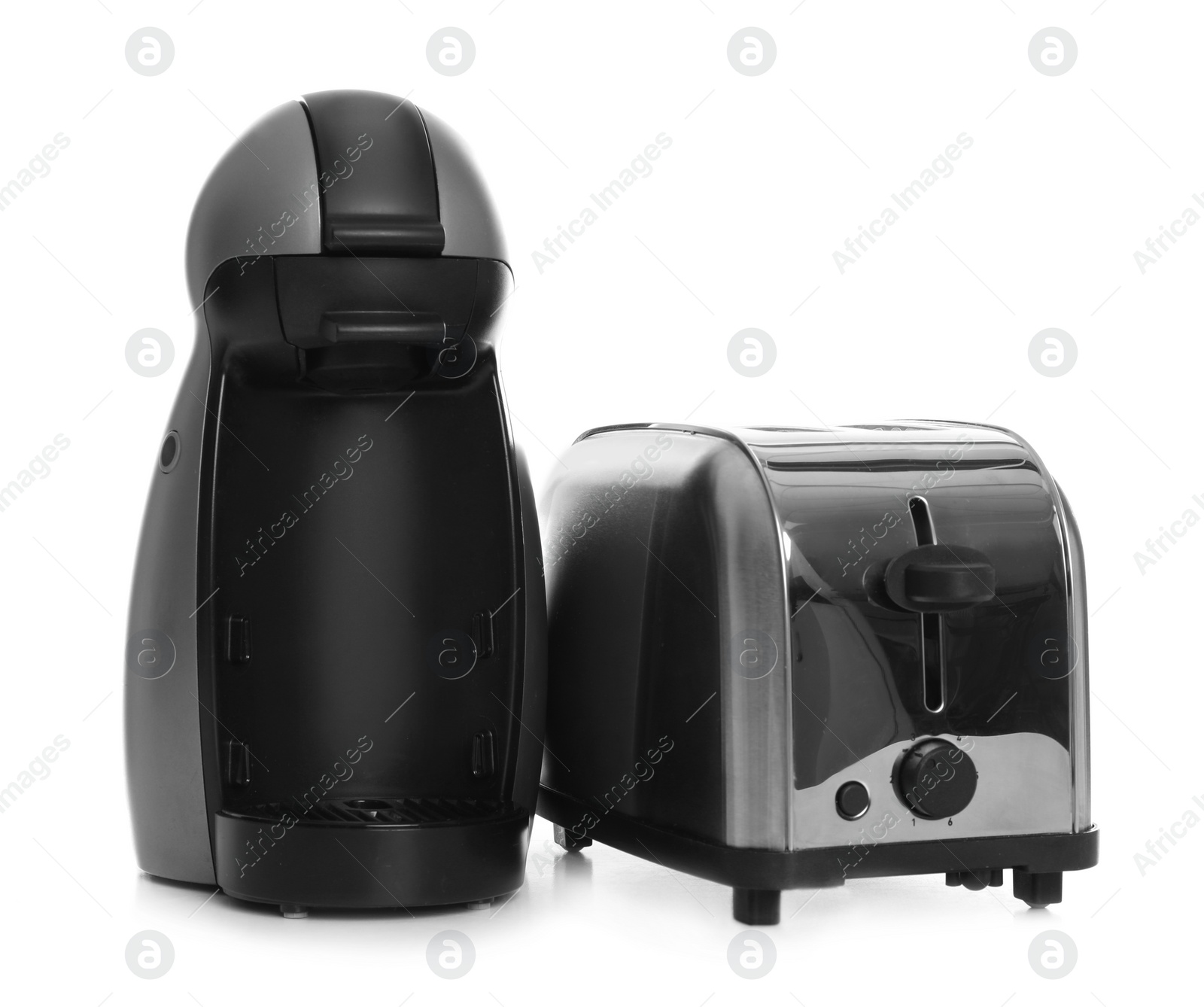 Photo of Coffee maker and toaster isolated on white. Home appliances