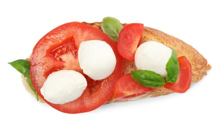 Delicious sandwich with mozzarella, fresh tomatoes and basil isolated on white, top view