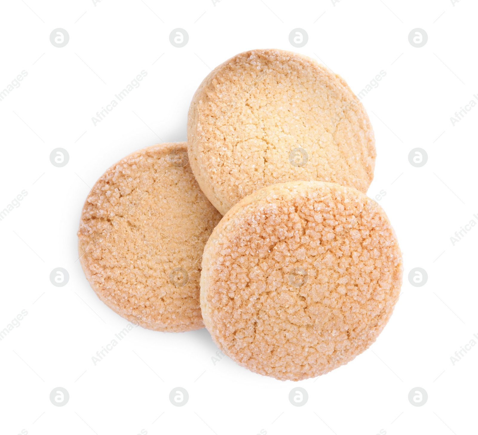 Photo of Three tasty sugar cookies isolated on white, top view