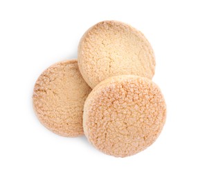 Photo of Three tasty sugar cookies isolated on white, top view