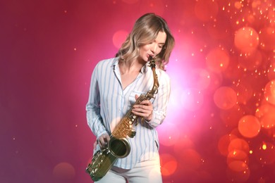 Image of Beautiful young woman playing saxophone on red background. Bokeh effect