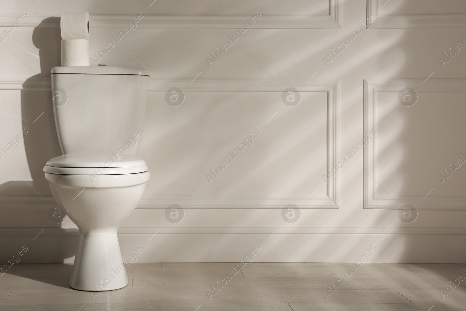 Photo of Modern toilet bowl and paper rolls near white wall in restroom, space for text. Interior design