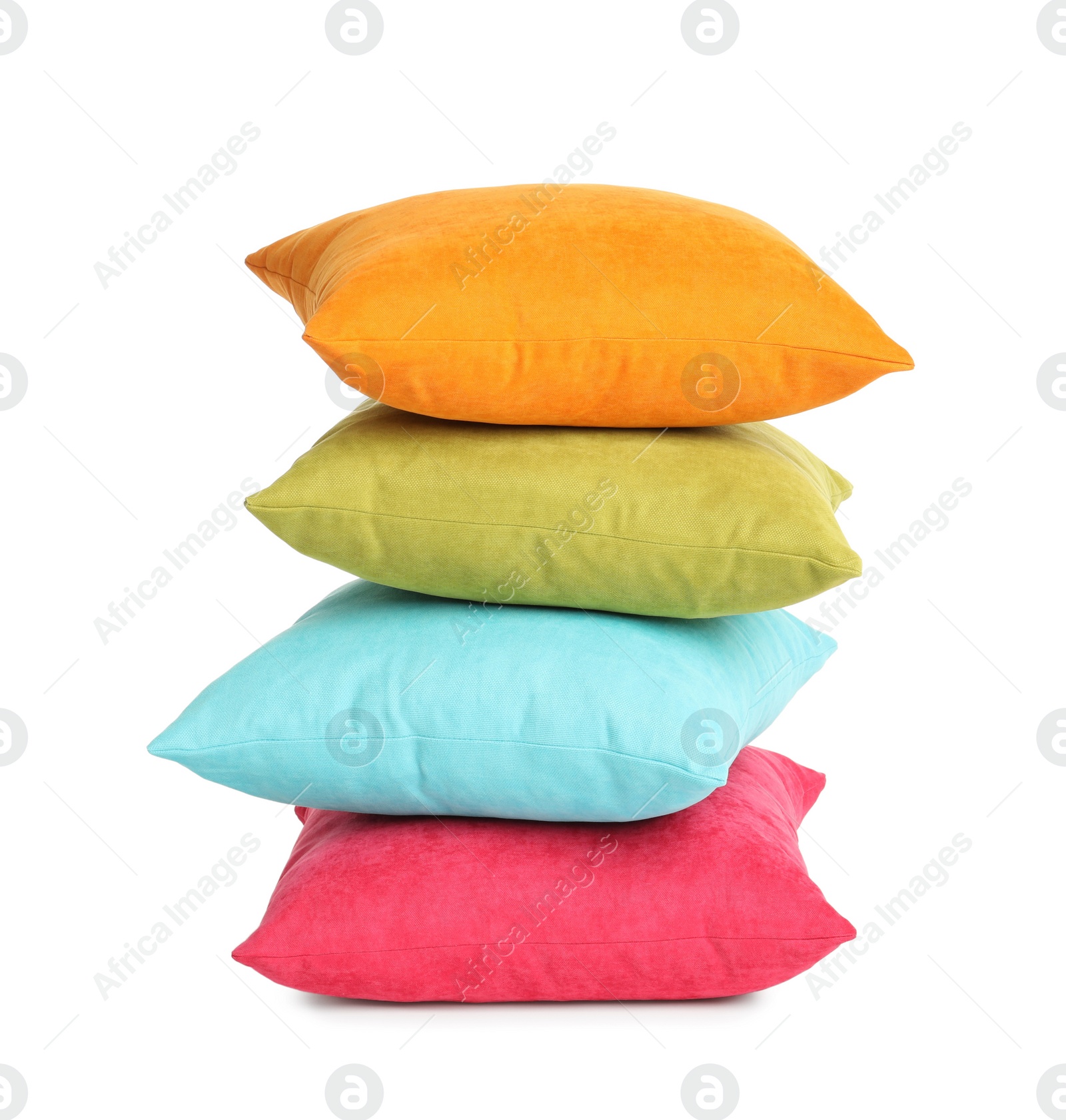 Photo of Stack of colorful decorative pillows on white background