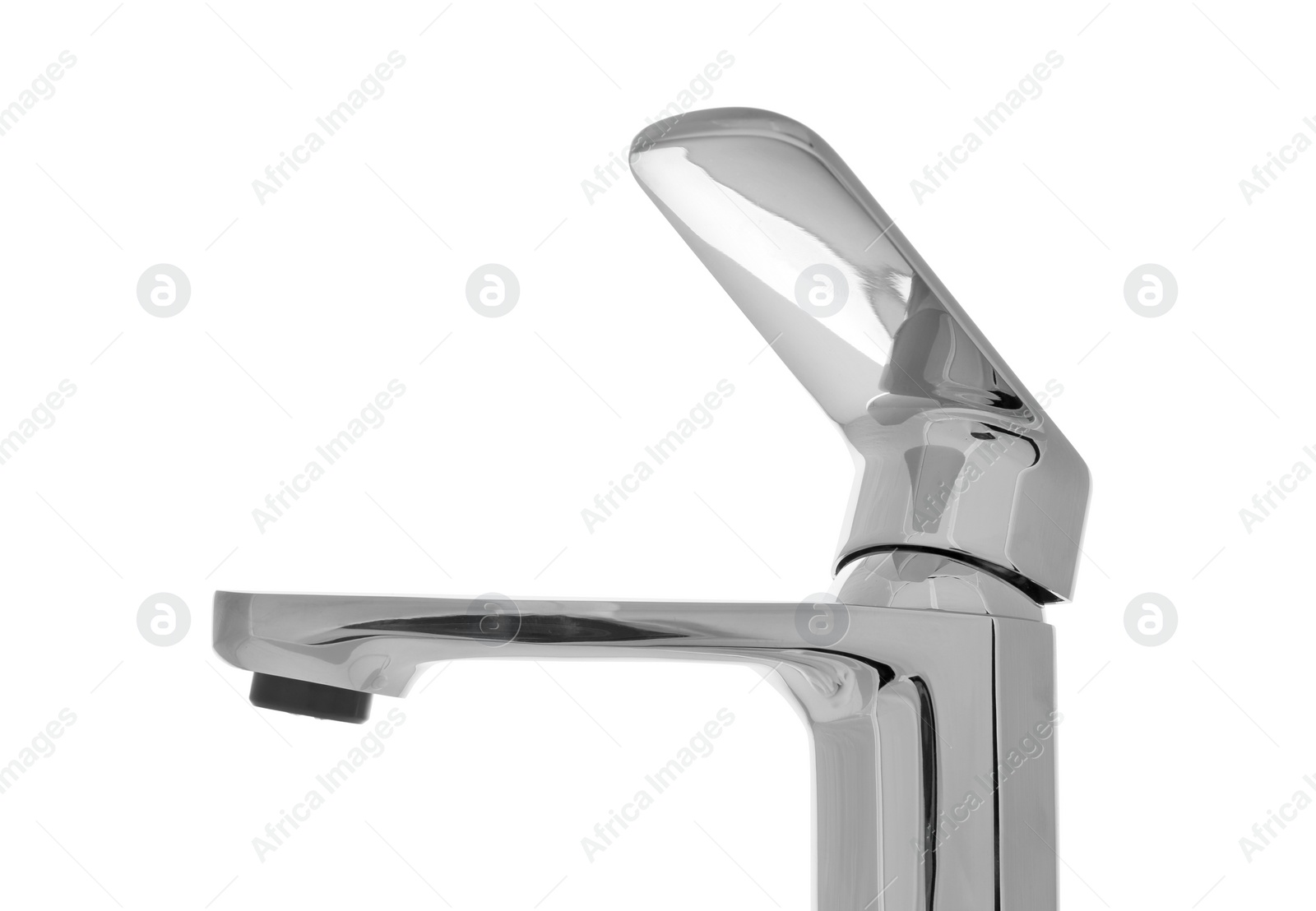 Photo of Single handle water tap on white background, closeup