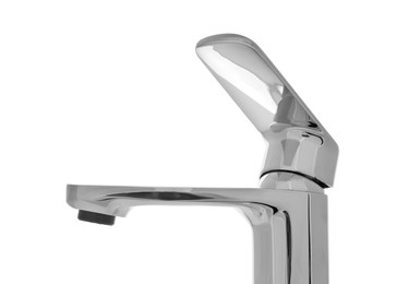 Photo of Single handle water tap on white background, closeup