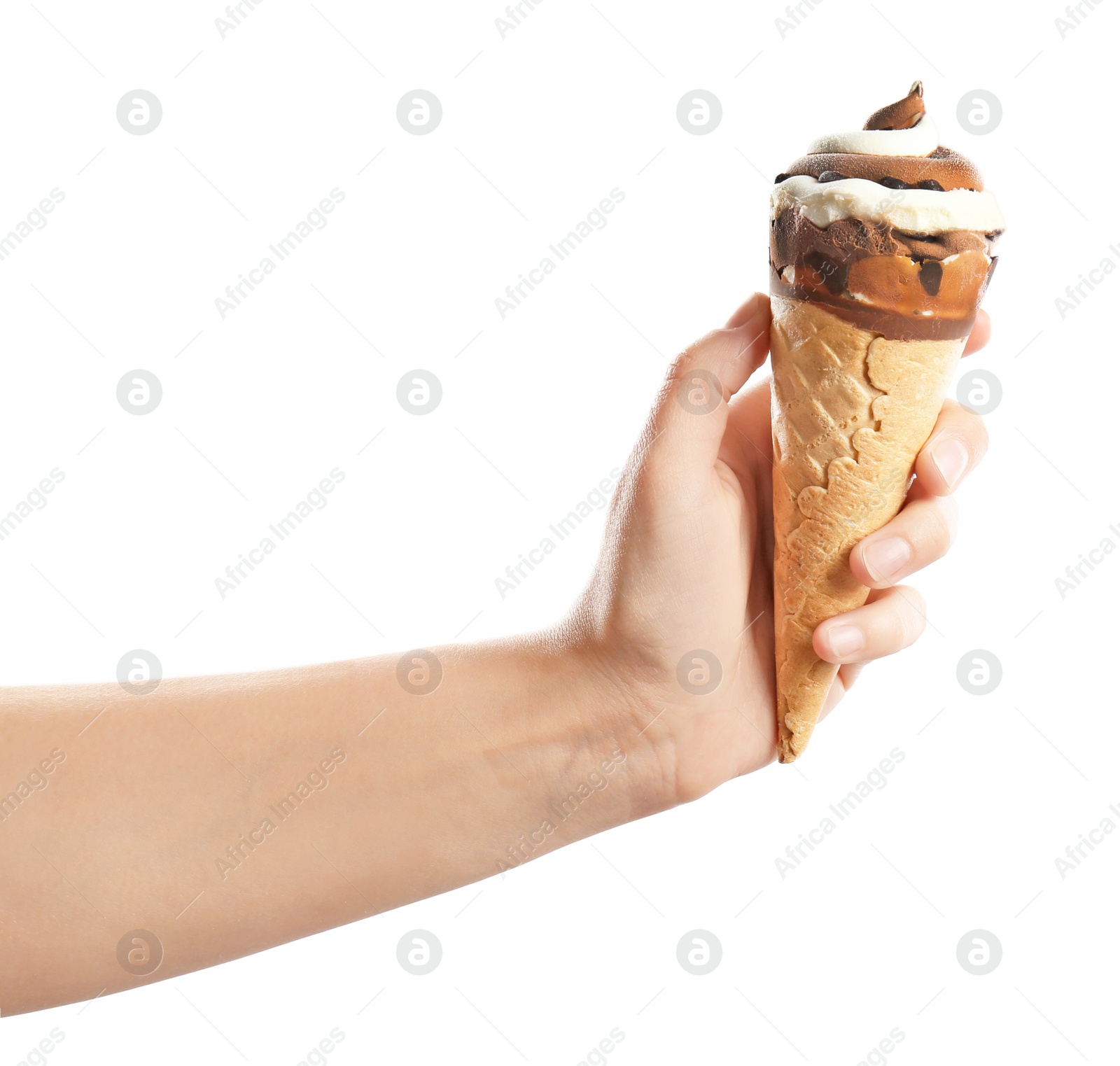 Photo of Woman holding yummy ice cream on white background. Focus on hand