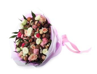 Photo of Beautiful bouquet of flowers and chocolate candies isolated on white