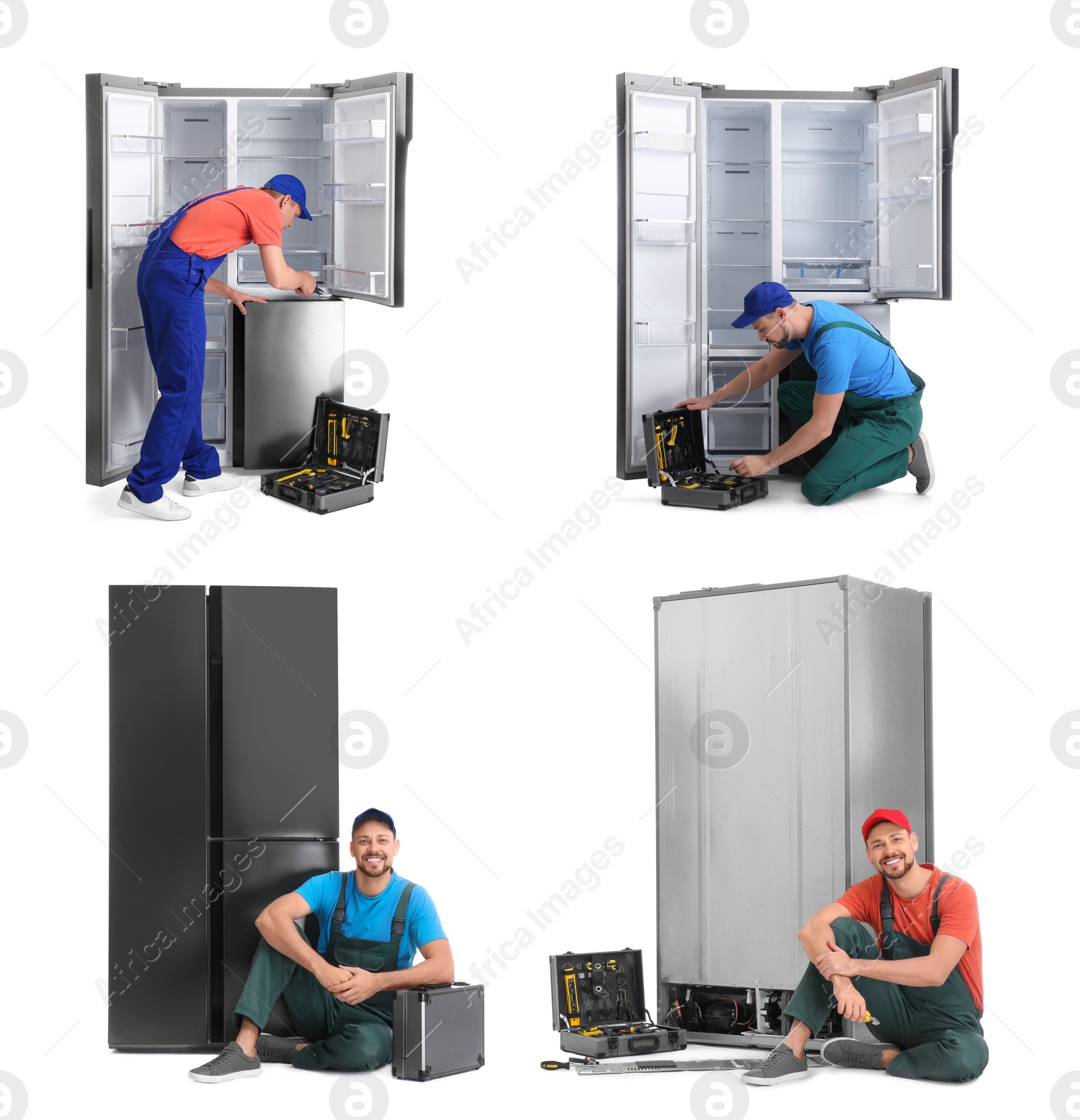 Image of Collage of technical workers near refrigerators on white background