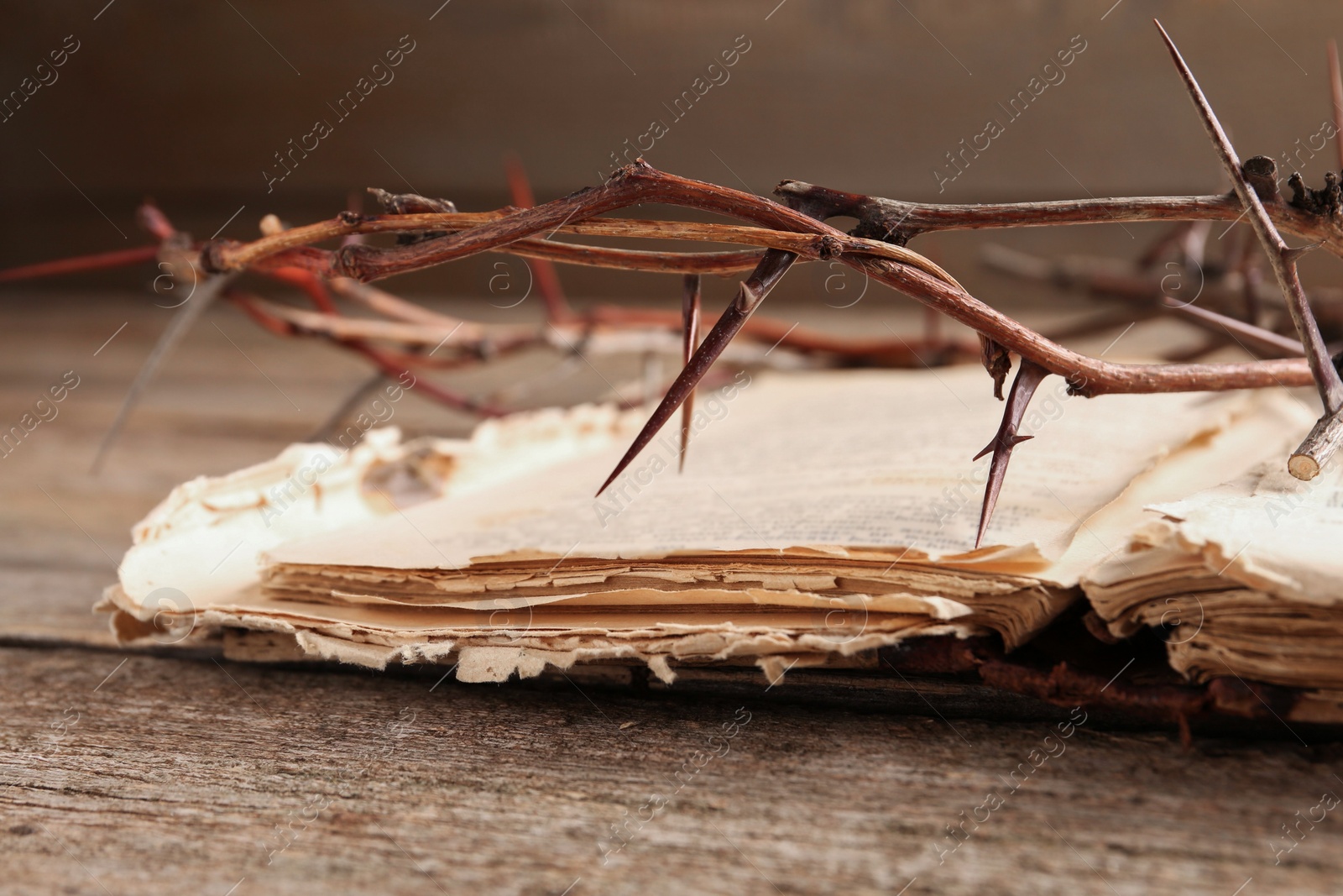 Photo of Crown of thorns and Bible on wooden table, closeup