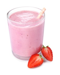 Photo of Tasty strawberry milk shake and fresh berries isolated on white