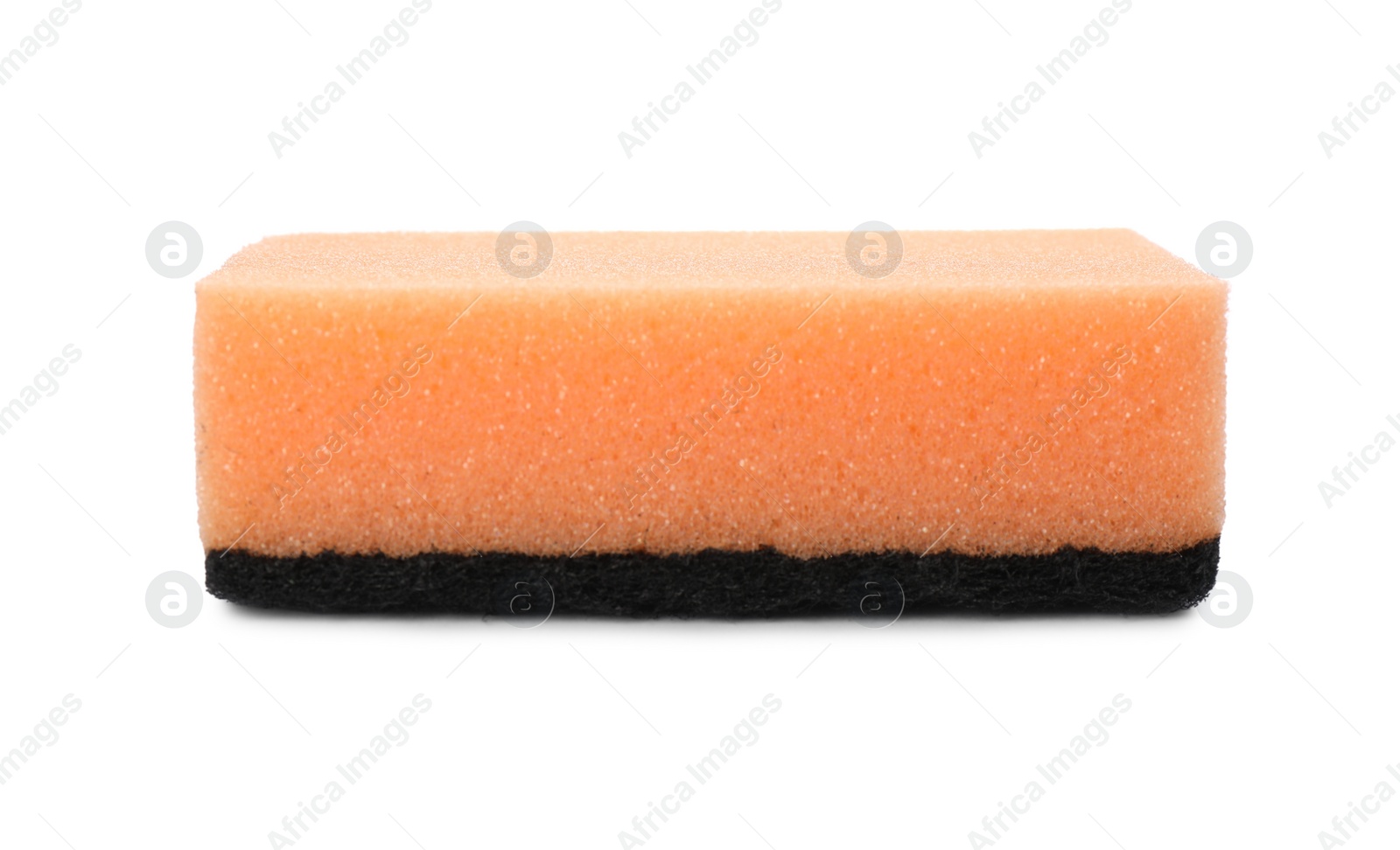 Photo of Orange cleaning sponge with abrasive black scourer isolated on white