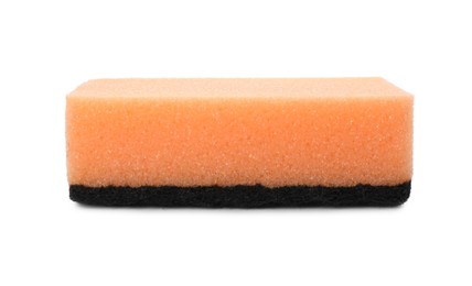 Photo of Orange cleaning sponge with abrasive black scourer isolated on white