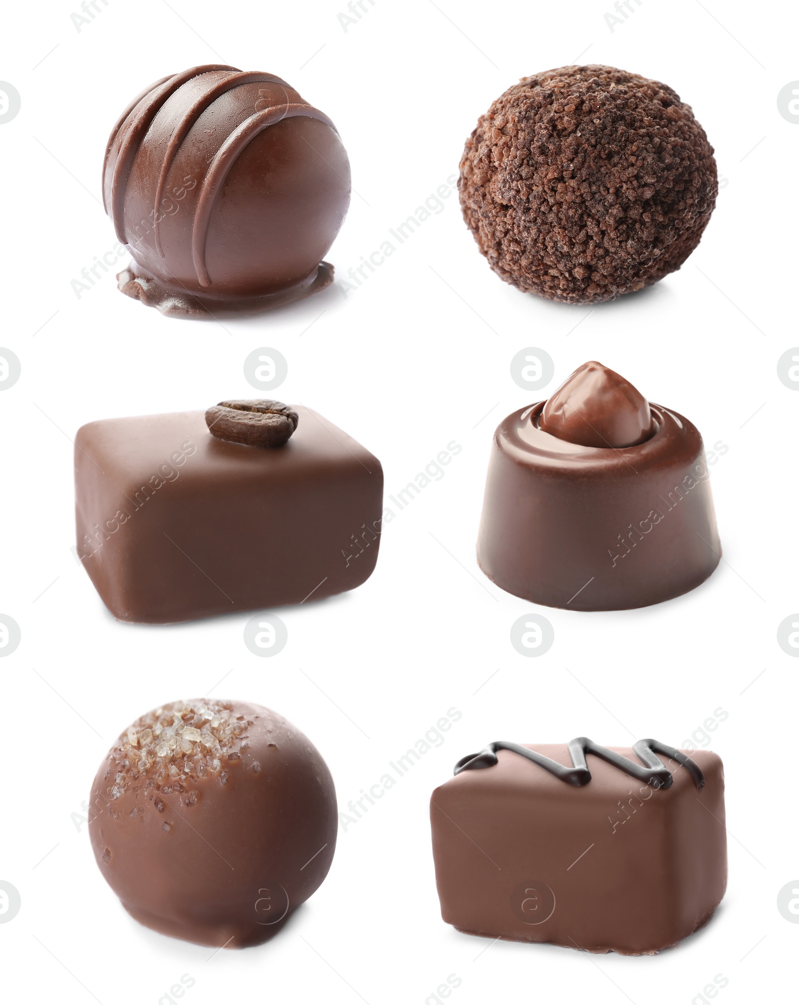 Image of Set with different chocolate candies on white background