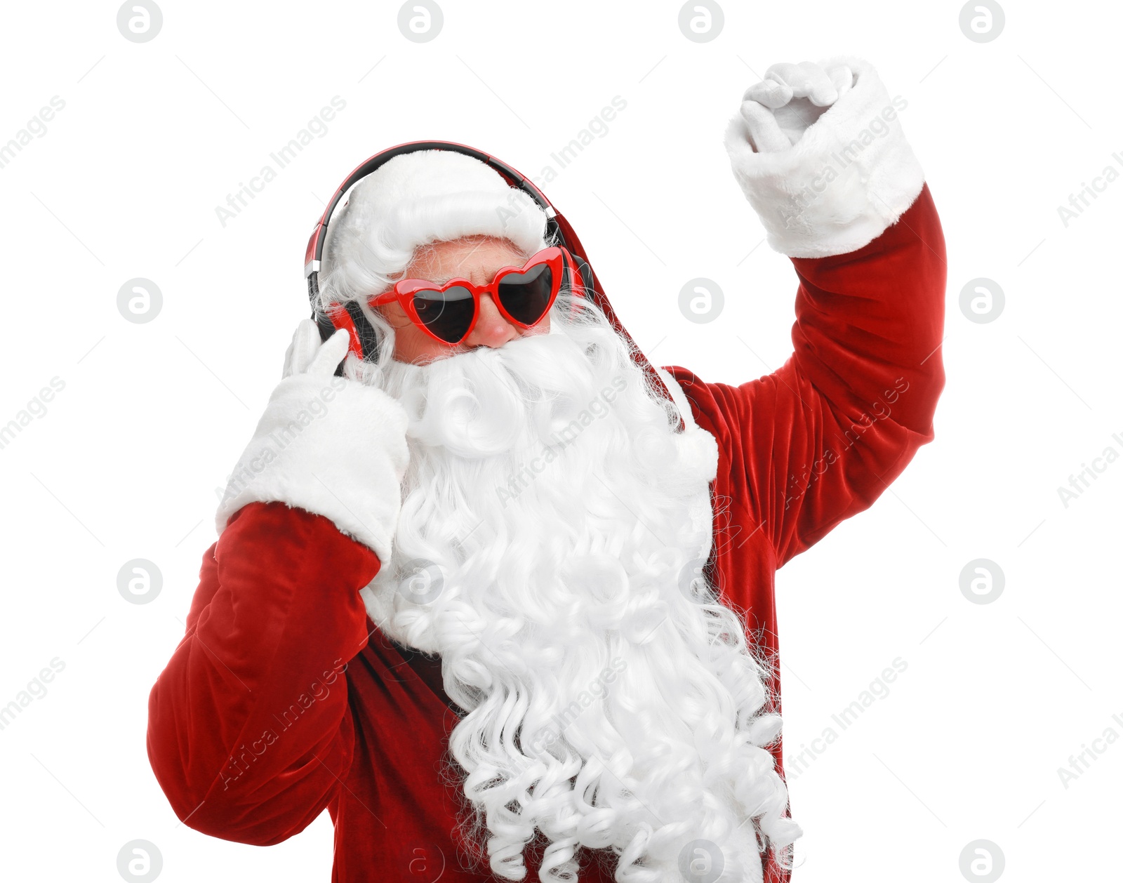 Photo of Santa Claus listening to Christmas music on white background