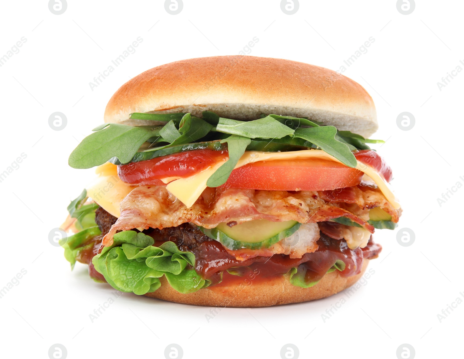 Photo of Tasty burger with bacon isolated on white