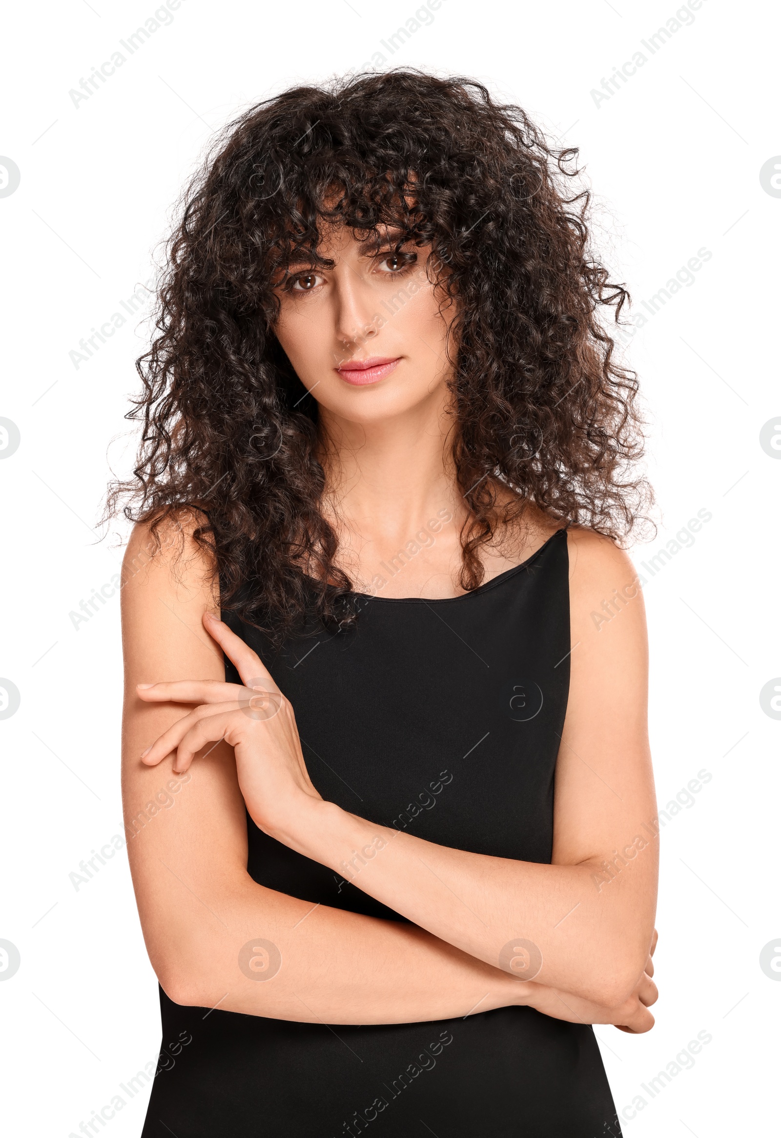 Photo of Beautiful young woman with long curly hair on white background