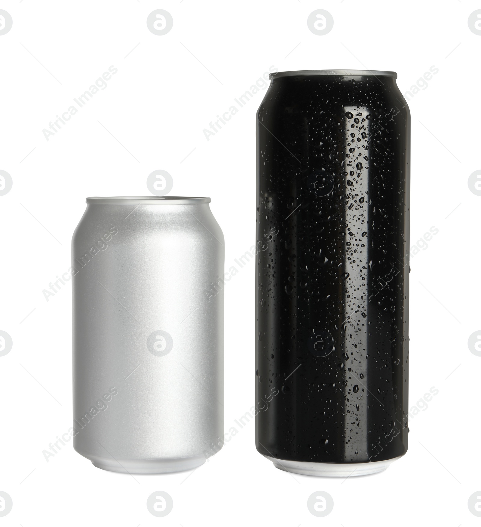 Photo of Aluminum cans with drinks on white background