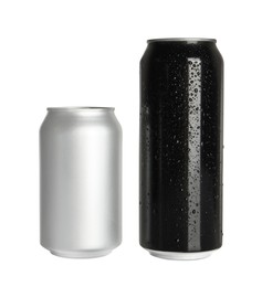 Aluminum cans with drinks on white background