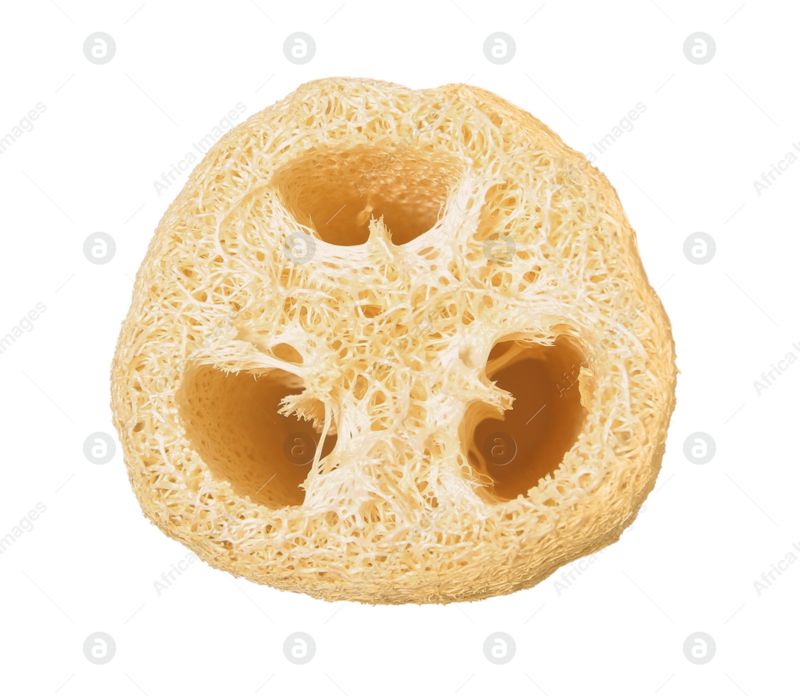 Photo of New loofah sponge isolated on white, top view. Personal hygiene